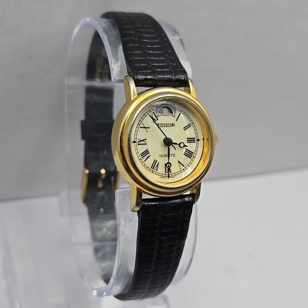 Womens Vintage Edison Moon Phase MOP 24mm Quartz Watch Gold Black New Battery